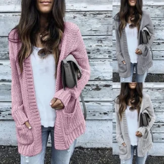 Solid Color Long Sleeve Pink Cardigan