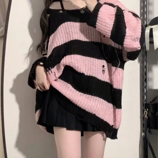 Loose Fit Striped Pink Sweater