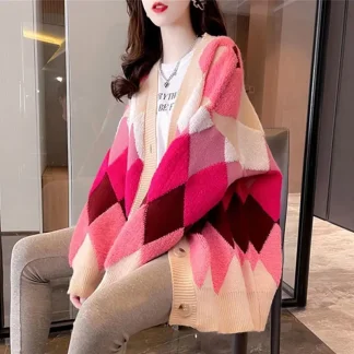 Diamond-Shaped Printed Pink Cardigan