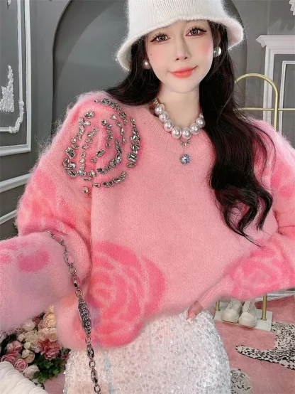 Floral Pattern Knit Pink Pullover