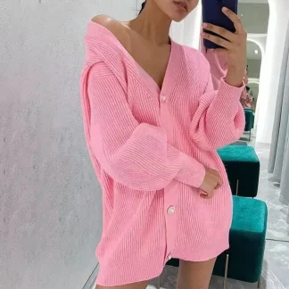 Casual Loose Fit Pink Cardigan