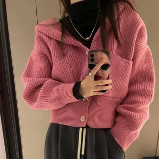 Ribbed Hooded Pink Knit Cardigan