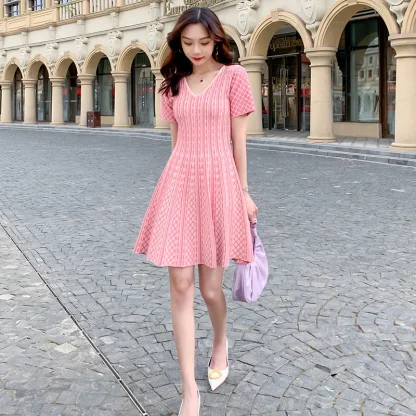 Short Sleeve Light Pink V-Neck Dress - Image 2