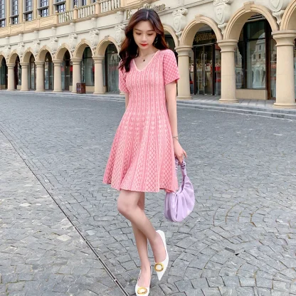 Short Sleeve Light Pink V-Neck Dress - Image 3