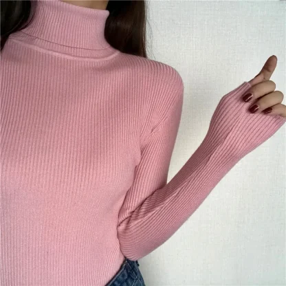 Slim Fit Stretchy Turtleneck Pink Sweater