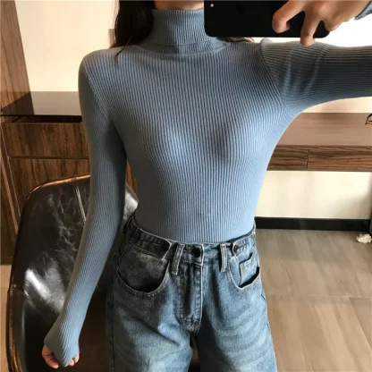 Slim Fit Stretchy Turtleneck Pink Sweater - Image 4