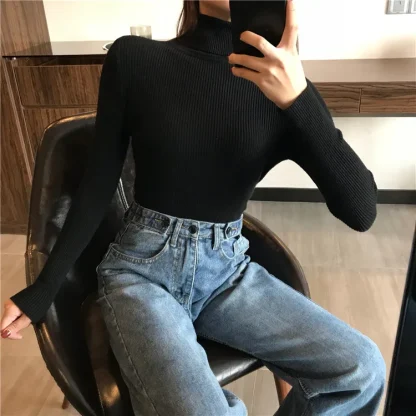 Slim Fit Stretchy Turtleneck Pink Sweater - Image 5