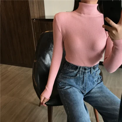 Slim Fit Stretchy Turtleneck Pink Sweater - Image 7