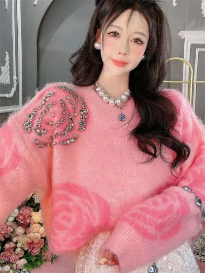 Floral Pattern Knit Pink Pullover - Image 3