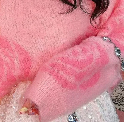 Floral Pattern Knit Pink Pullover - Image 5