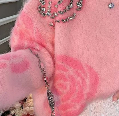 Floral Pattern Knit Pink Pullover - Image 6