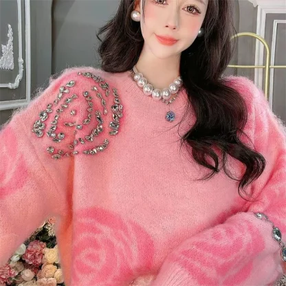 Floral Pattern Knit Pink Pullover - Image 2